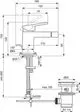 Bidetarmatur von Ideal Standard, mit Schwenkauslauf und Ablaufsystem, abgebildet in technischer Zeichnung mit Maßangaben und Installationselementen.